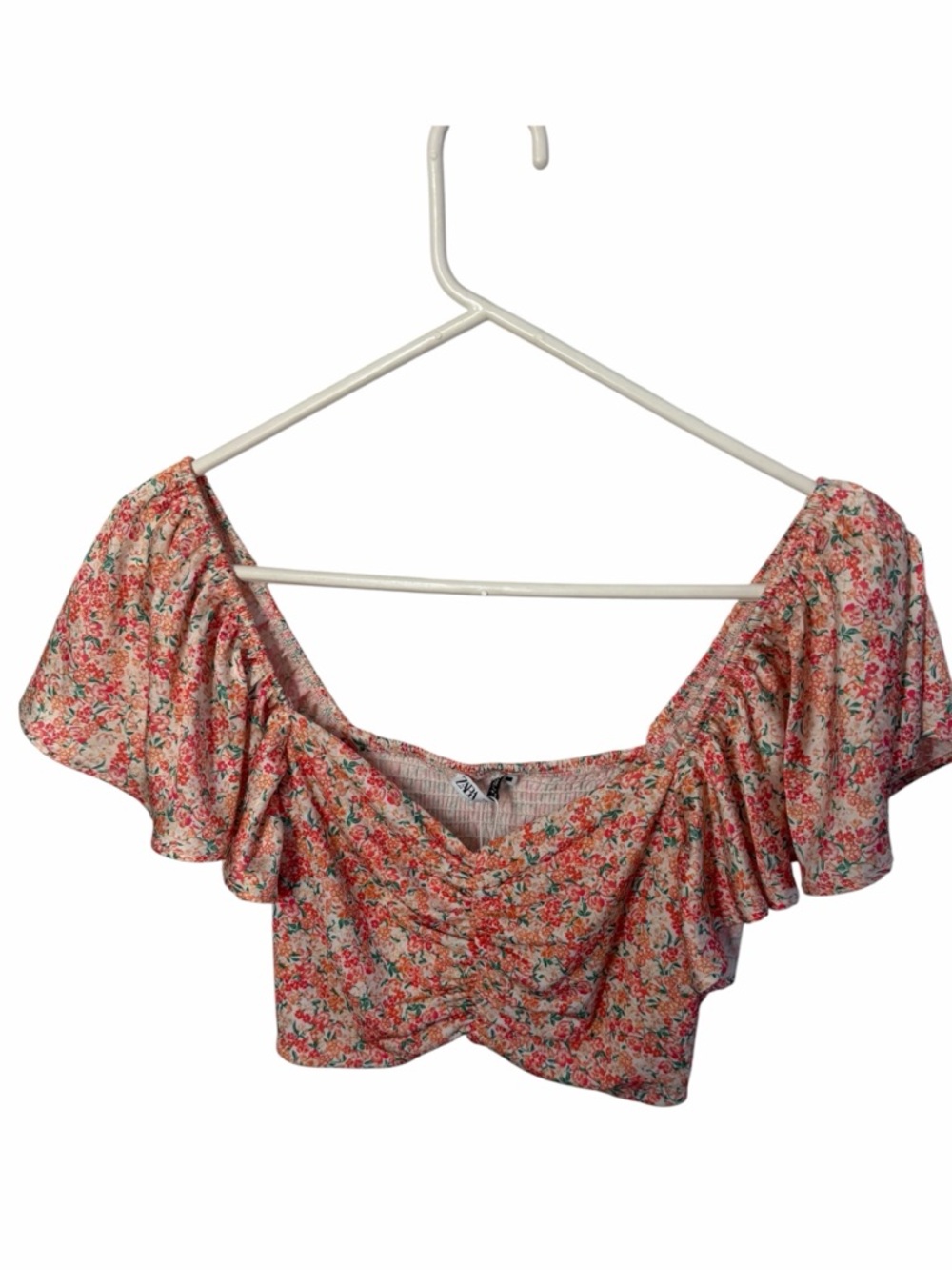 Zara Pink Multicolor Floral Ruched Off-Shoulder Crop Top! NWT! Summer vibes!